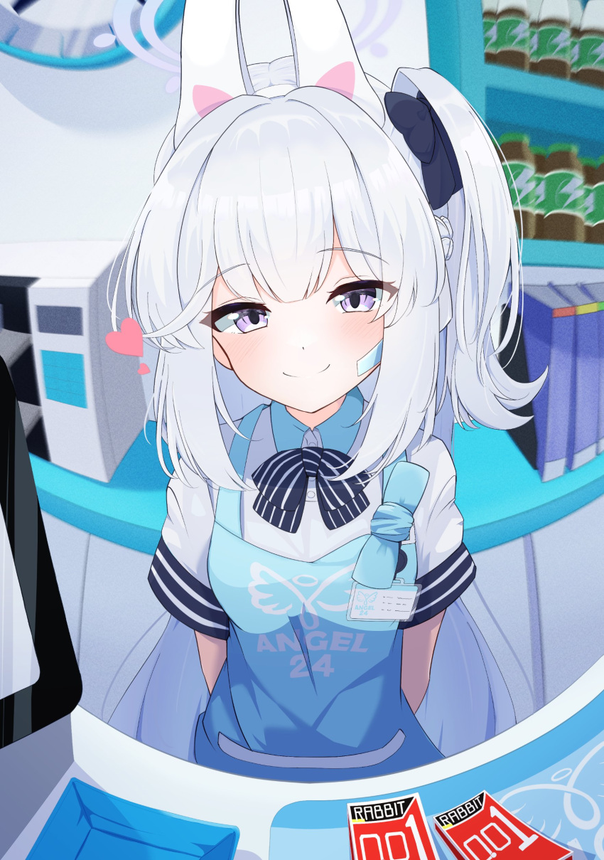 1girl, absurdres, angel's_24_uniform_(blue_archive), animal_ears, apron, arms_behind_back, black_bow, black_bowtie, blue_apron, blue_archive, blush, bow, bowtie, convenience_store, fake_animal_ears, grey_hair, halo, heart, highres, looking_at_viewer, mikishiro, miyako_(blue_archive), miyako_(lawson)_(blue_archive), official_alternate_costume, okamoto_condoms, one_side_up, rabbit_ears, shirt, shop, short_hair, smile, solo, striped, striped_bow, striped_bowtie, violet_eyes, white_shirt