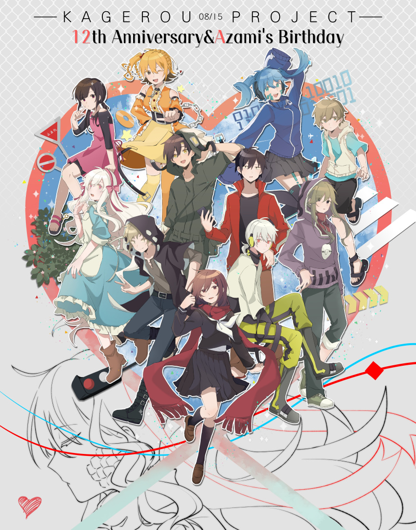 5boys, 6+girls, absurdres, aircraft, airplane, amamiya_hibiya, anniversary, apron