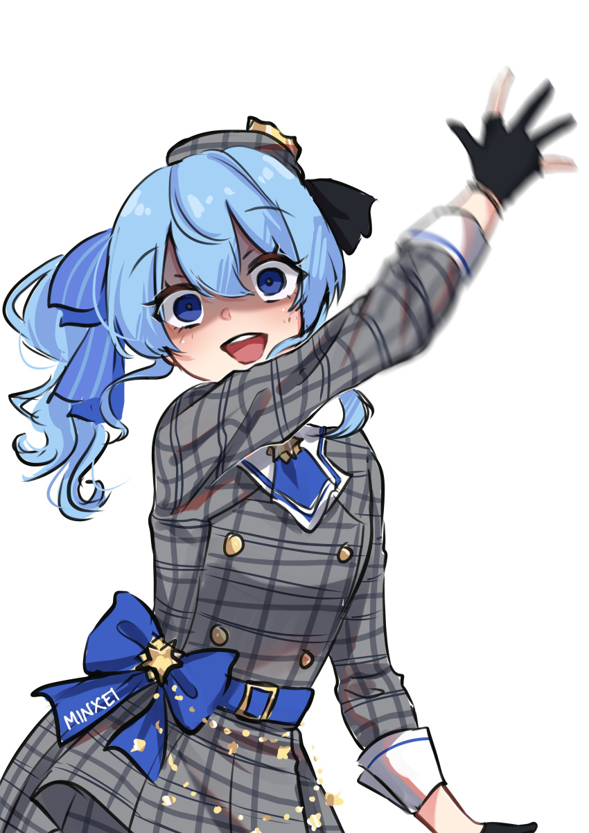 1girl, absurdres, anime_girl_throwing_things_(meme), arm_up, artist_name, ascot, beret, black_gloves