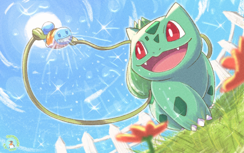 animal_focus, blue_sky, bright_pupils, bulbasaur, claws, fangs, fence, flower