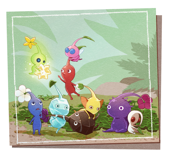 black_eyes, black_skin, blue_eyes, blue_pikmin, blue_skin, border, bud, bush, clover, colored_skin, commentary_request, everyone, flower, flying, framed, ghost_tail, glow_pikmin, green_skin, groom, hand_on_own_chin, holding, holding_star, ice, ice_pikmin, insect_wings, leaf, looking_at_another, looking_up, lying, lying_on_person, no_humans, no_mouth, on_side, outdoors, outstretched_arm, pikmin_(creature), pikmin_(series), pikmin_4, pink_flower, pink_skin, plump, pointy_ears, pointy_nose, potsupo, purple_flower, purple_hair, purple_pikmin, purple_skin, red_eyes, red_pikmin, red_skin, rock, rock_pikmin, shadow, short_hair, sitting, solid_circle_eyes, star_(symbol), star_bit, triangle_mouth, very_short_hair, white_border, white_pikmin, white_skin, winged_pikmin, wings, yellow_flower, yellow_pikmin, yellow_skin
