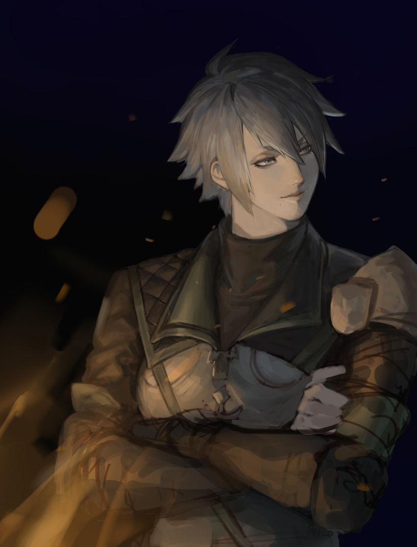 1girl, armor, brown_jacket, commentary_request, covered_collarbone, crossed_arms, embers, final_fantasy