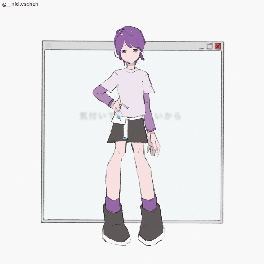 1girl, adapted_costume, arm_at_side, belt, black_footwear, black_skirt, blurry, blurry_background, boots, closed_mouth, dakara_utau_(utau), expressionless, full_body, half-closed_eyes, hand_on_own_hip, highres, izzy_(_nisiwadachi), layered_shirt, layered_sleeves, long_sleeves, lyrics, miniskirt, pigeon-toed, purple_hair, purple_shirt, purple_socks, robot_ears, shirt, short_hair, short_over_long_sleeves, short_sleeves, simple_background, skirt, socks, solo, standing, tareme, translation_request, twitter_username, utane_uta, utau, white_background, white_belt, white_shirt, window_(computing)