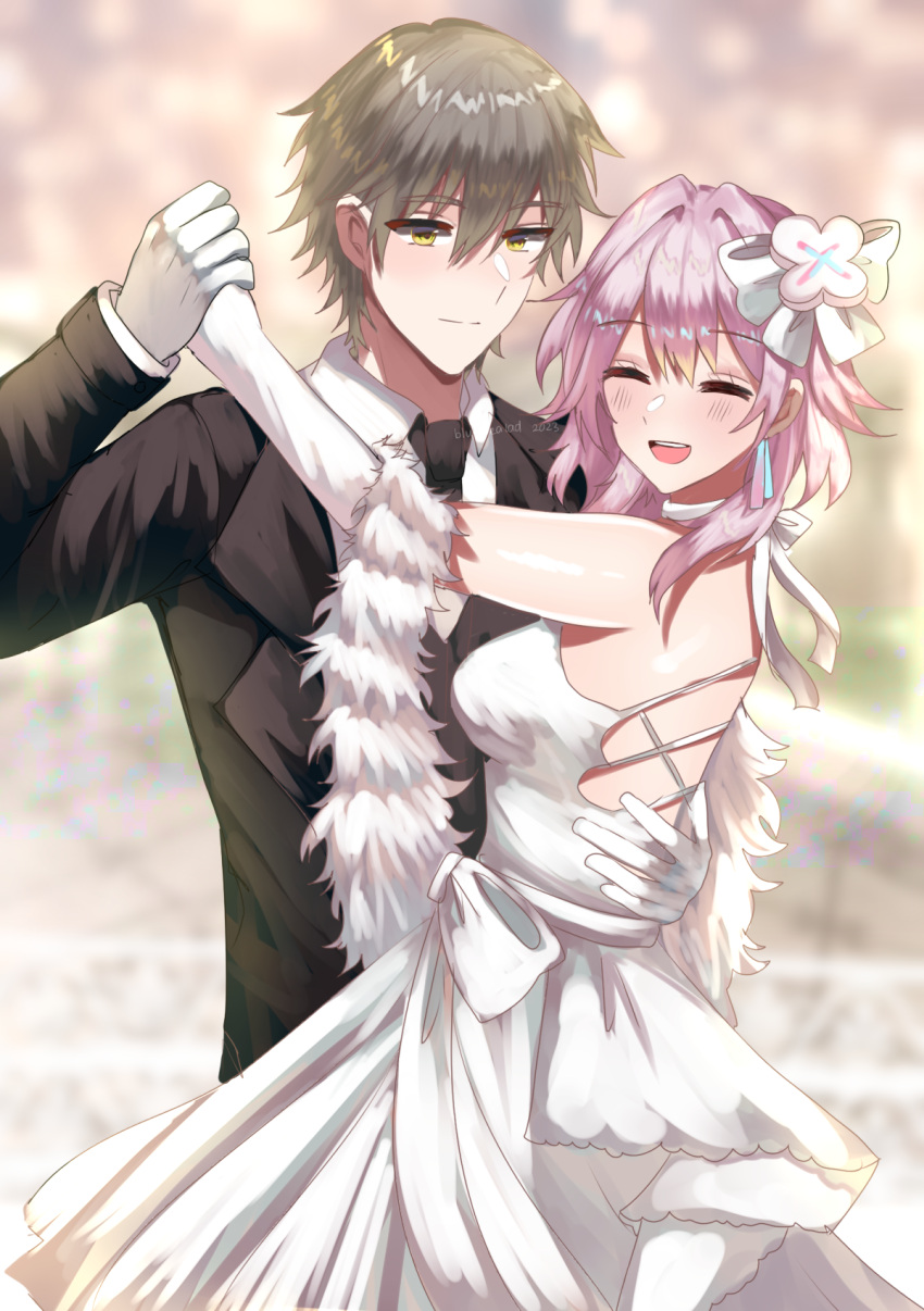 1boy, 1girl, alternate_costume, bare_shoulders, black_necktie, black_suit, blue_sealad, blush