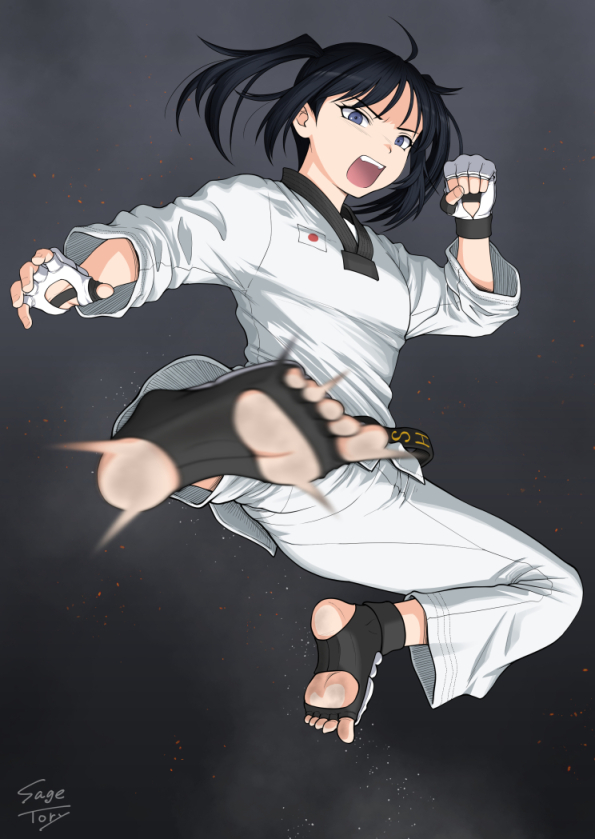 borrowed_character, commentary_request, commission, dougi, feet, flying_kick, kicking, pixiv_commission, sage_tory, soles, taekwondo