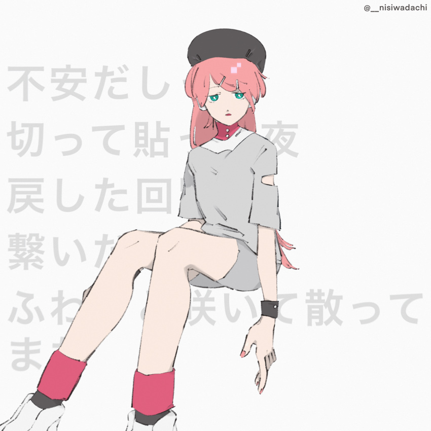 1girl, adapted_costume, arm_at_side, arm_cutout, beret, black_headwear, black_wristband, bright_pupils, commentary_request, feet_out_of_frame, green_eyes, grey_shirt, grey_shorts, hair_ornament, hairclip, half-closed_eyes, hat, highres, invisible_chair, izzy_(_nisiwadachi), layered_shirt, long_hair, looking_at_viewer, lyrics, momone_momo, pink_hair, pink_nails, red_shirt, robot_ears, shirt, shoes, short_shorts, short_sleeves, shorts, sitting, sneakers, solo, text_background, translation_request, turtleneck, twitter_username, utau, white_background, white_footwear, white_night_(utau), white_pupils, white_shirt