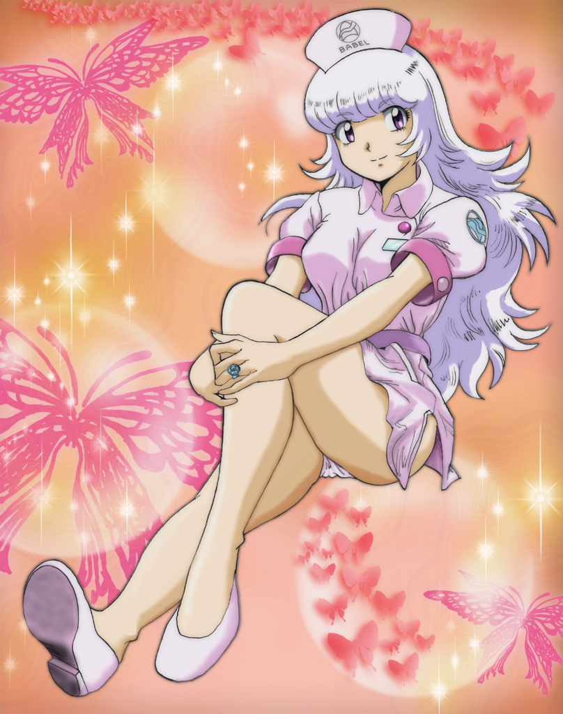 1girl, aged_up, b.a.b.e.l._uniform, full_body, hat, jewelry, legs, long_hair, looking_at_viewer, ni-shika, nurse, nurse_cap, purple_hair, ring, sannomiya_shiho, smile, solo, violet_eyes, zettai_karen_children