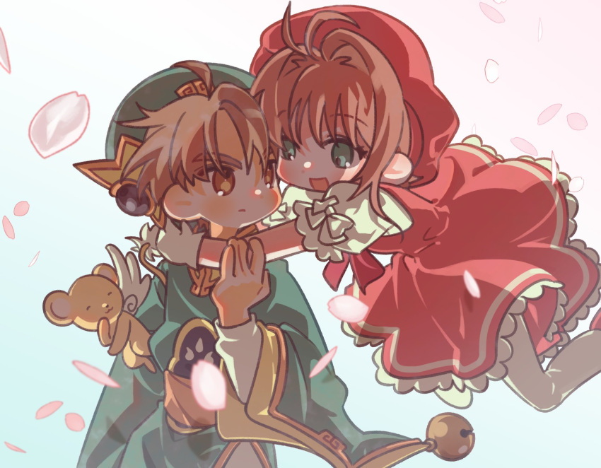 1girl, brown_eyes, brown_hair, cardcaptor_sakura, child, closed_eyes, couple, dress, gloves, green_headwear, highres, hu_juut, kero, kinomoto_sakura, li_xiaolang, magical_girl, pink_dress, pink_headwear, simple_background, white_background, white_gloves, wings