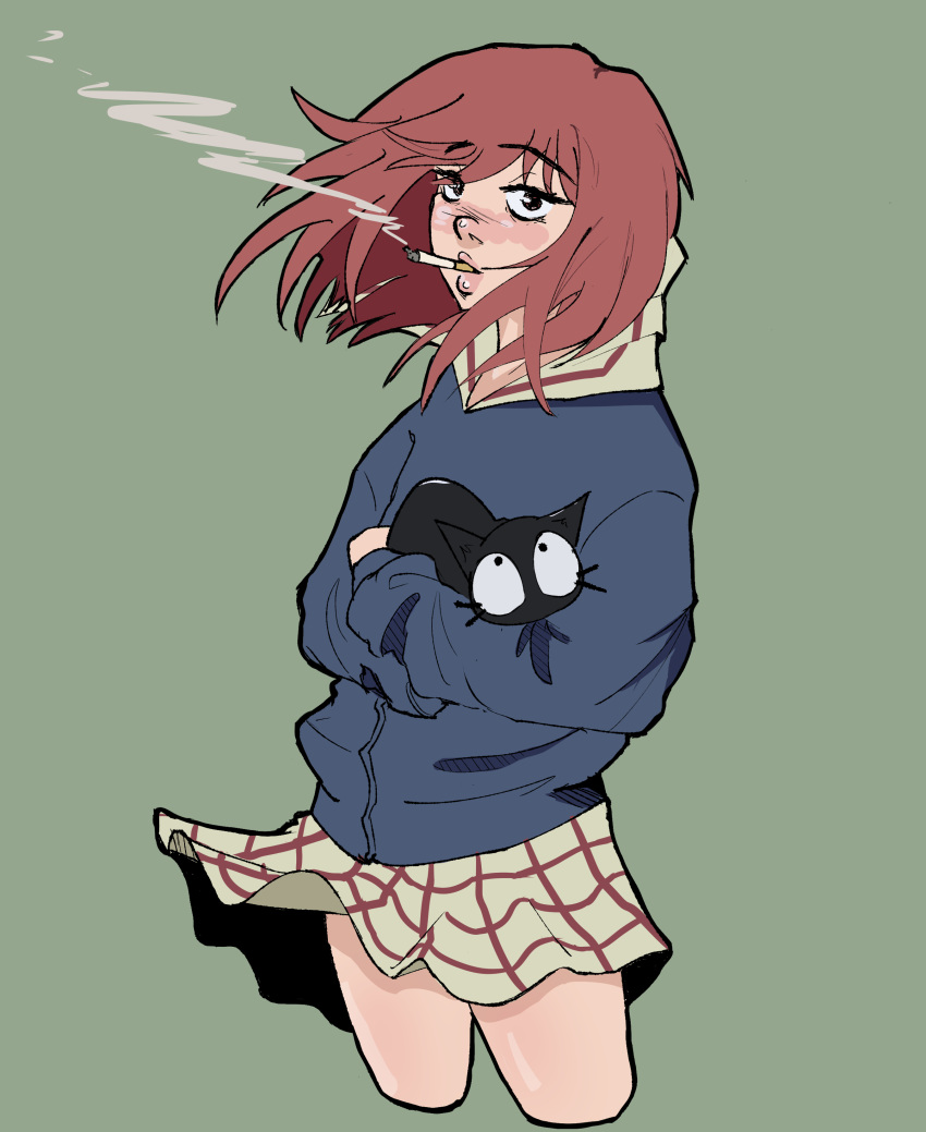1girl, absurdres, animal, black_cat, blush, cat, cigarette, dentedhood