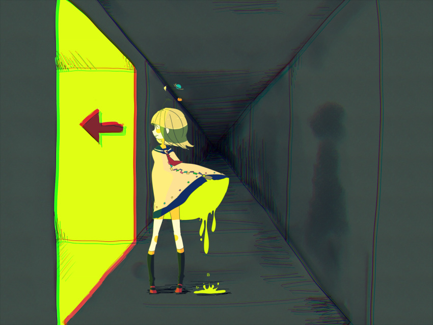 1girl, arrow_(symbol), black_socks, blue_sailor_collar, blunt_bangs, blush_stickers, brown_poncho, chromatic_aberration