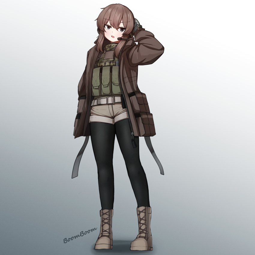 1girl, absurdres, ammunition_pouch, black_pantyhose, borrowed_character, brown_coat, brown_footwear, brown_hair, brown_shorts, camouflage, coat, ear_protection, english_text, gloves, grey_eyes, hair_between_eyes, hand_up, highres, jonasmk, karinn_(ka941), long_hair, looking_at_viewer, open_mouth, original, pantyhose, plate_carrier, pouch, shorts, simple_background, solo