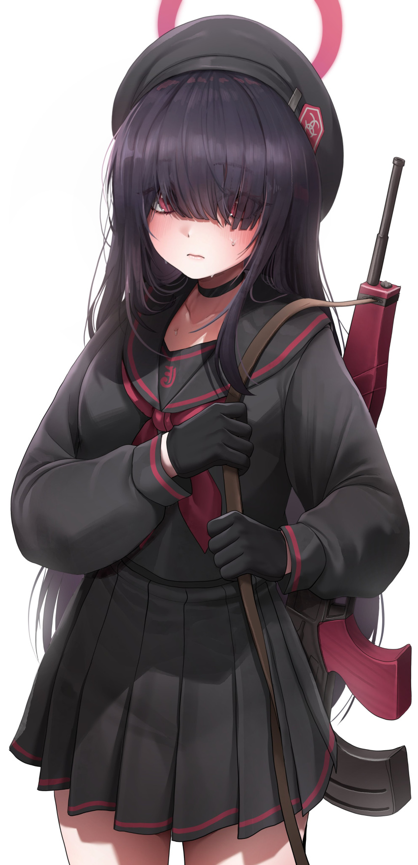 1girl, absurdres, beret, black_choker, black_gloves, black_hair, black_headwear, black_sailor_collar, black_serafuku, black_shirt, black_skirt, blue_archive, blunt_bangs, blush, breasts, choker, closed_mouth, collarbone, cowboy_shot, doyoon_7, em-2, eyes_visible_through_hair, gloves, gun, hair_over_eyes, halo, hat, highres, holding_strap, justice_task_force_member_(blue_archive), long_hair, long_sleeves, looking_at_viewer, medium_breasts, neckerchief, pleated_skirt, puffy_long_sleeves, puffy_sleeves, red_eyes, red_halo, red_neckerchief, sailor_collar, school_uniform, serafuku, shirt, skirt, solo, sweat, weapon