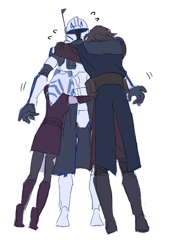 0109_(artist), 1girl, 2boys, ahsoka_tano, anakin_skywalker, armor, boots, brown_hair