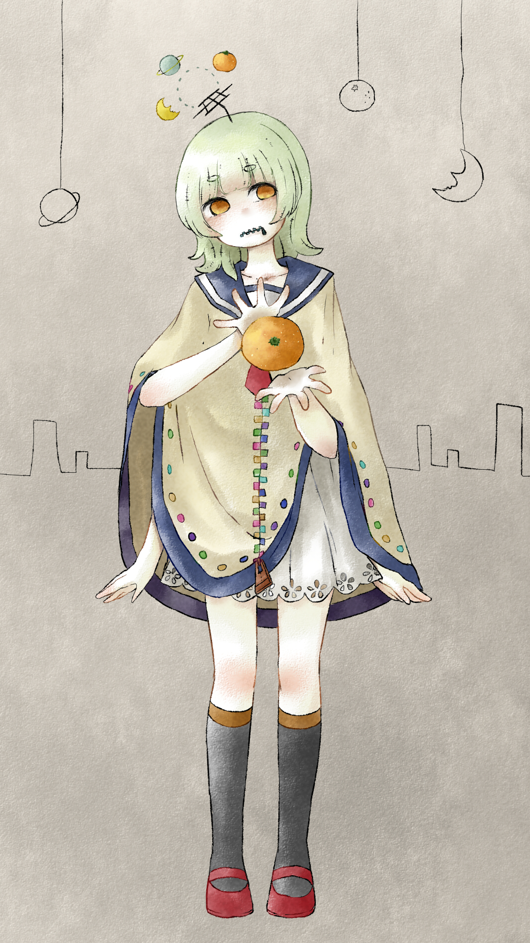 1girl, :|, arms_at_sides, black_socks, blue_sailor_collar, brown_poncho, closed_mouth, commentary_request, crescent, dress, extra_arms, floating_headgear, food, fruit, green_hair, half-closed_eyes, hands_up, headgear, highres, kneehighs, lace-trimmed_dress, lace_trim, layered_clothes, levitating_orange, looking_at_viewer, mandarin_orange, medium_hair, monochrome_background, necktie, nekota_kotaro, nizimine_kakoi, open_hands, paper_texture, planet, poncho, radio_antenna, red_footwear, red_necktie, sailor_collar, short_eyebrows, skyline, socks, solo, standing, utau, white_dress, zipper, zipper_pull_tab
