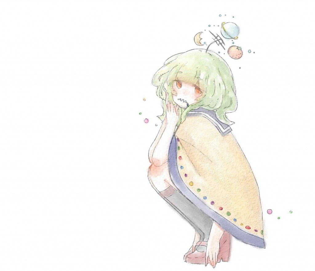 1girl, arms_at_sides, black_socks, blue_sailor_collar, blunt_bangs, closed_mouth, crescent, elbows_on_knees