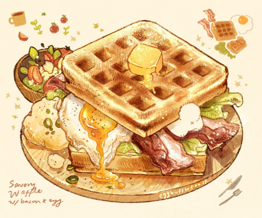 bacon, butter, cherry_tomato, commentary, cup, dripping, egg, english_commentary