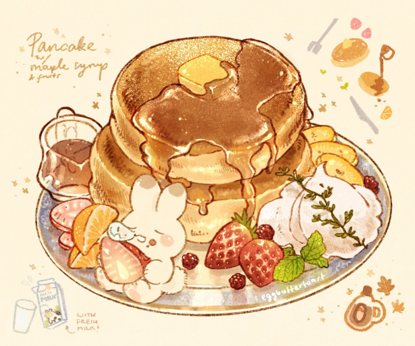 autumn_leaves, blush_stickers, butter, closed_eyes, commentary, crumbs, english_commentary, english_text
