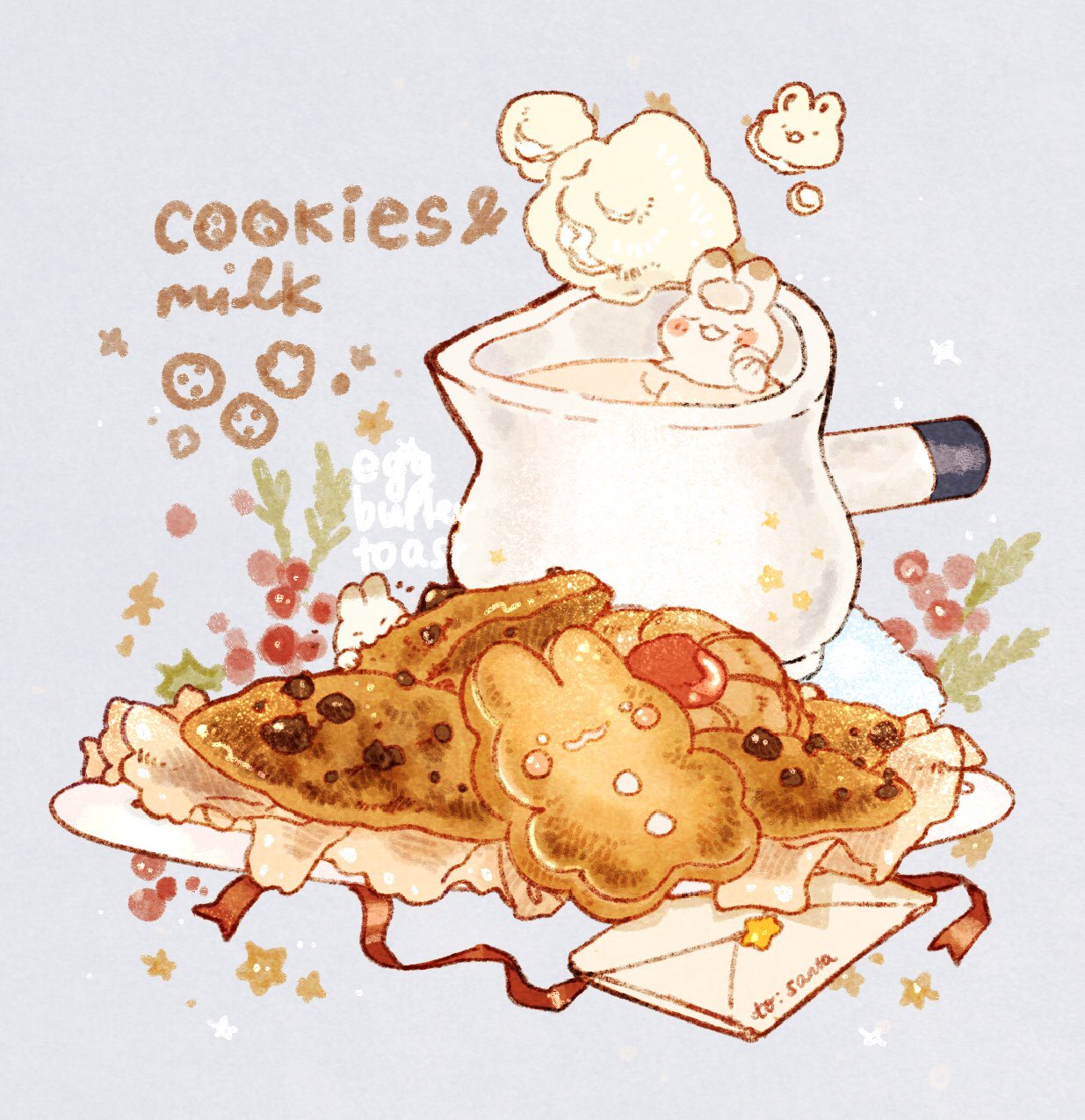 :3, animal_hands, berry, blue_background, blush_stickers, chocolate_chip_cookie, christmas, closed_mouth