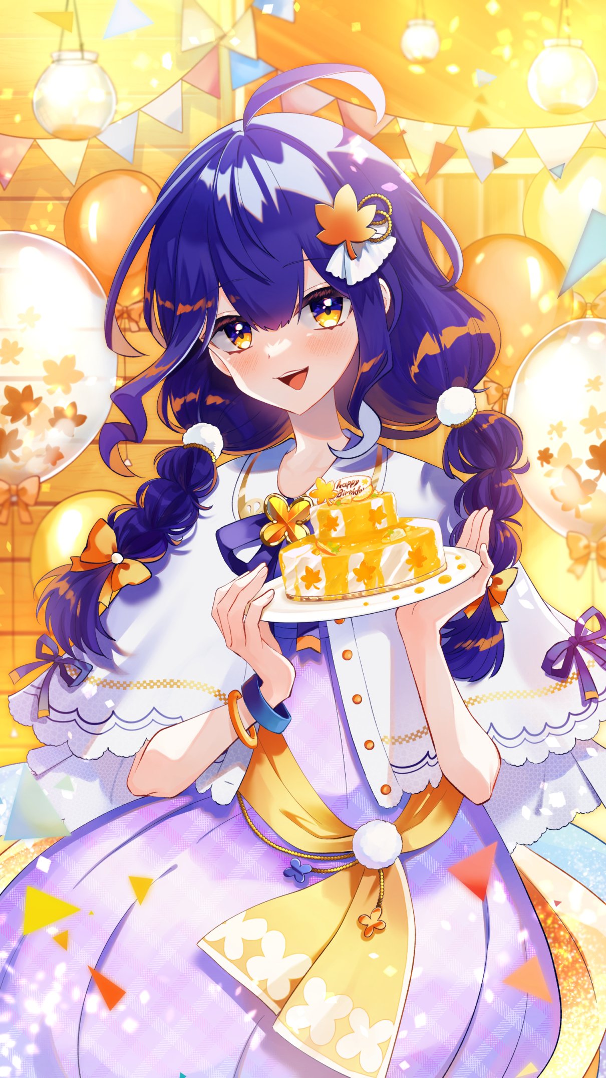 1girl, :d, ahoge, akaishi_yashi, balloon, birthday_cake, blue_eyes, blue_hair