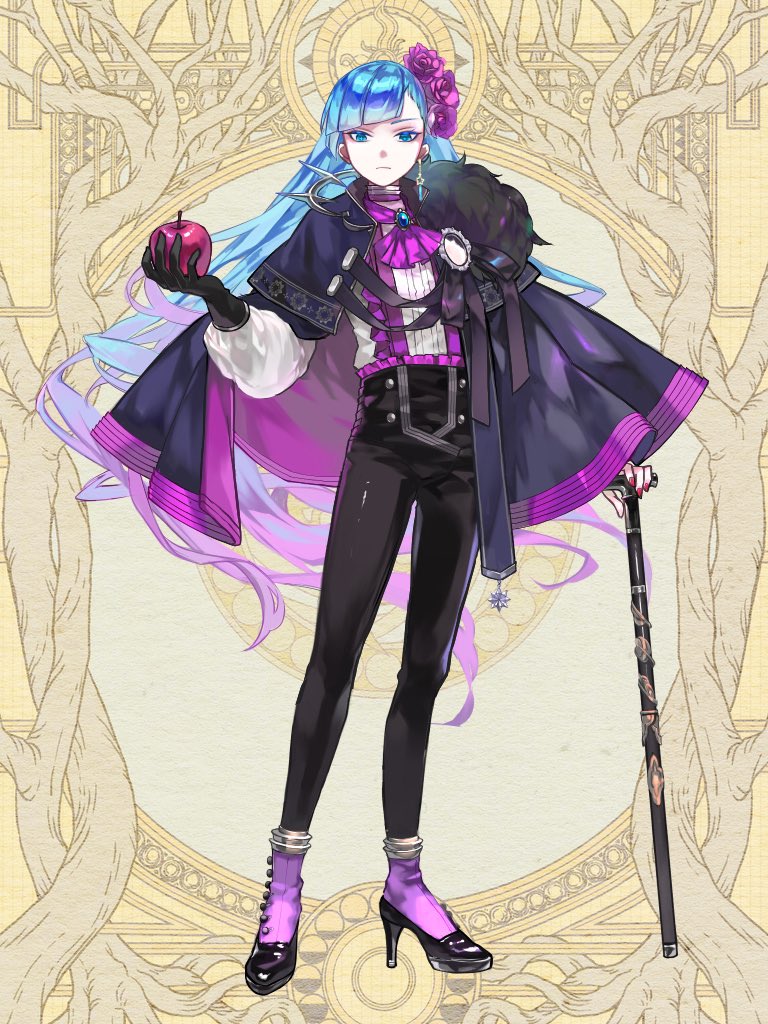 1boy, alba_alfurira, androgynous, apple, ascot, black_cape, black_footwear, black_gloves