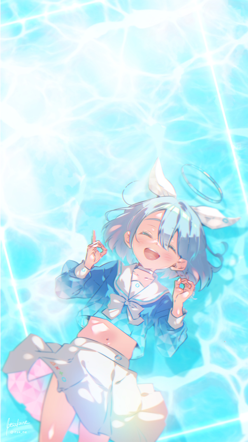 1girl, arona_(blue_archive), blue_archive, blue_hair, blue_halo, blue_serafuku, closed_eyes, colored_inner_hair