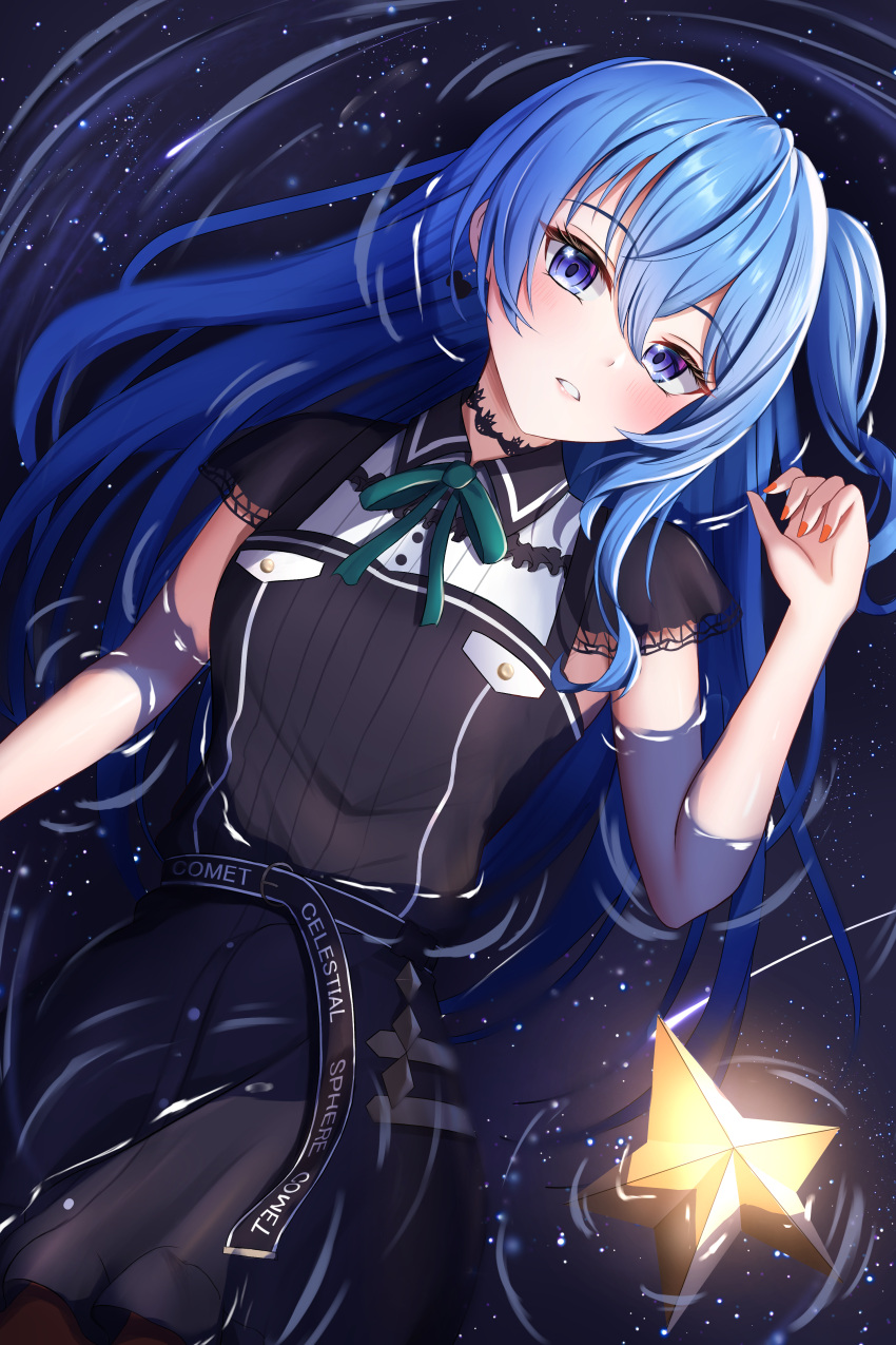 1girl, absurdres, black_choker, black_dress, blue_eyes, blue_hair, blush, bow