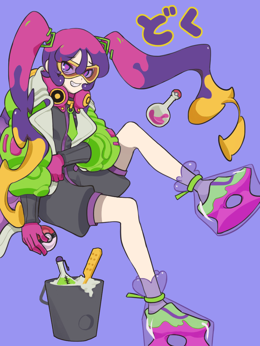 1girl, bucket, coat, commentary_request, gloves, gogatsu_(satsuki1016b), goggles, grin
