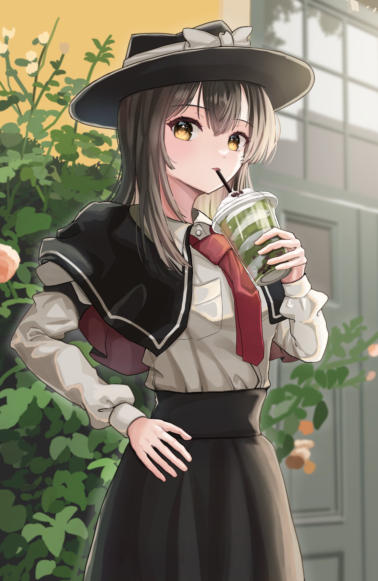1girl, black_capelet, black_headwear, black_skirt, brown_hair, bubble_tea, capelet, drinking