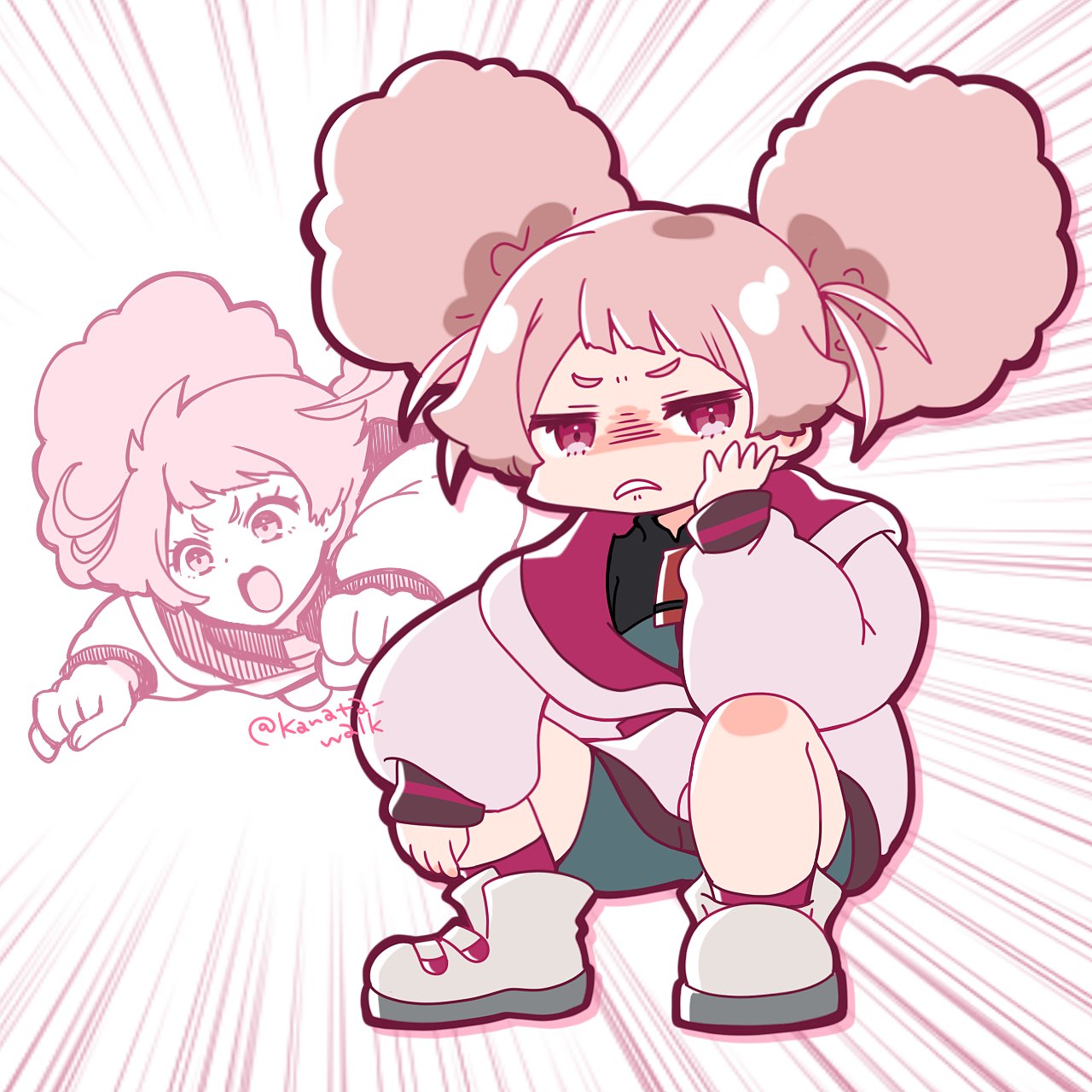 1girl, afro_puffs, asticassia_school_uniform, chibi, chuatury_panlunch, commentary_request, flying, frown
