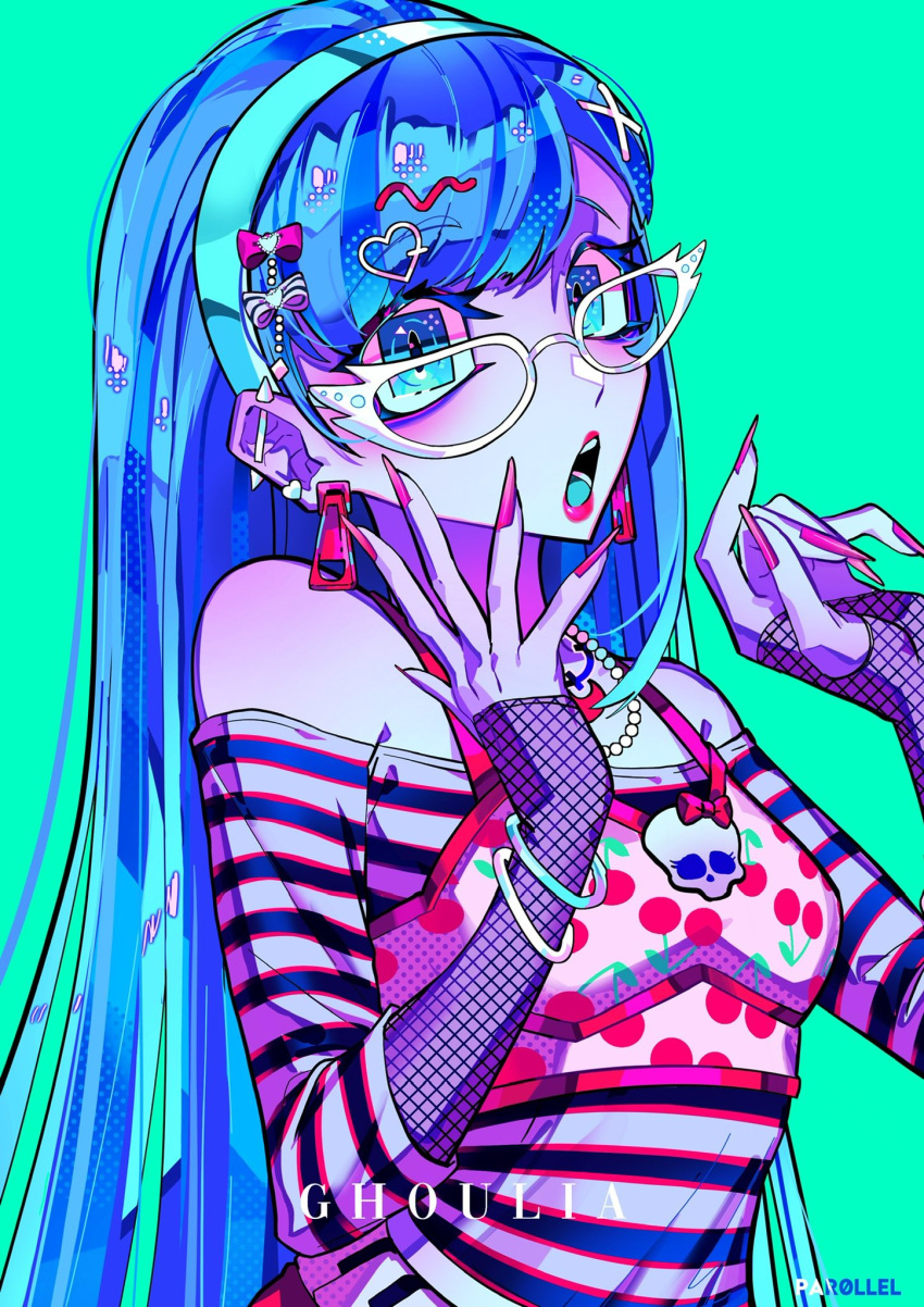 1girl, bead_necklace, beads, blue_background, blue_eyes, blue_hair, blue_headband, bracelet