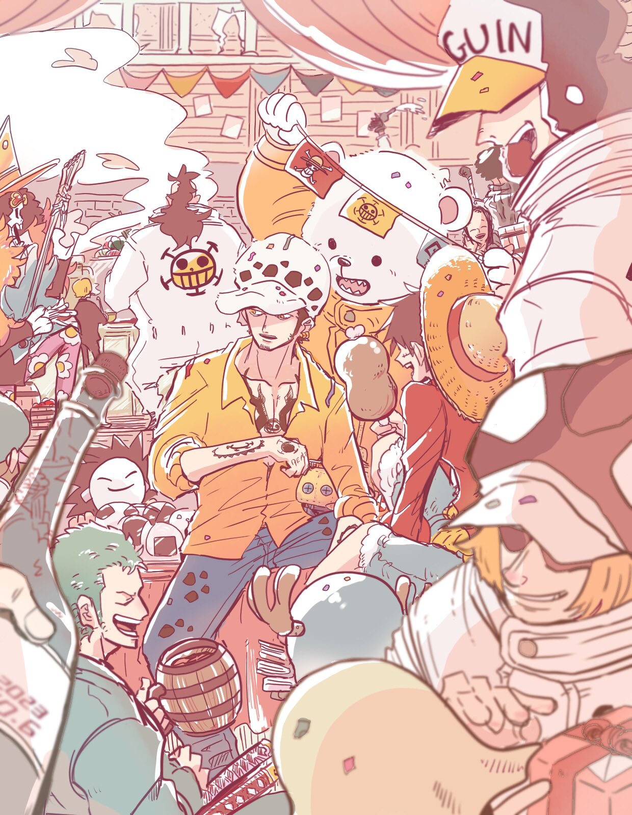 1girl, 6+boys, arm_tattoo, bear, bepo, black_hair, blonde_hair, blurry, blurry_foreground, boned_meat, bottle, box, brook_(one_piece), celebration, chest_tattoo, closed_eyes, cooking, curtains, denim, flag, floral_print, food, gift, gift_box, green_hair, hakugan_(one_piece), hand_tattoo, happy_birthday, hat, highres, holding, holding_bottle, holding_flag, holding_food, holding_guitar, jean_bart_(one_piece), jeans, ma_shikaku88, meat, monkey_d._luffy, multiple_boys, nico_robin, one_piece, onigiri, open_mouth, pants, party, penguin_(one_piece), reindeer, roronoa_zoro, sanji_(one_piece), scar, scar_on_face, shachi_(one_piece), shirt, short_hair, skeleton, skull_and_crossbones, smile, straw_hat, tattoo, teeth, tongue, tony_tony_chopper, trafalgar_law, white_headwear, yellow_shirt