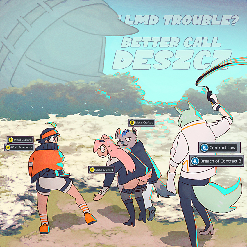2boys, 2girls, absurdres, animal_ears, arknights, black_hair, black_jacket, bryophyta_(arknights), commentary, doctor_(arknights), english_commentary, gravel_(arknights), green_hair, highres, holding, holding_whip, jacket, multiple_boys, multiple_girls, orange_jacket, pink_hair, prouxtato, proviso_(arknights), spot_(arknights), tail, whip, white_jacket