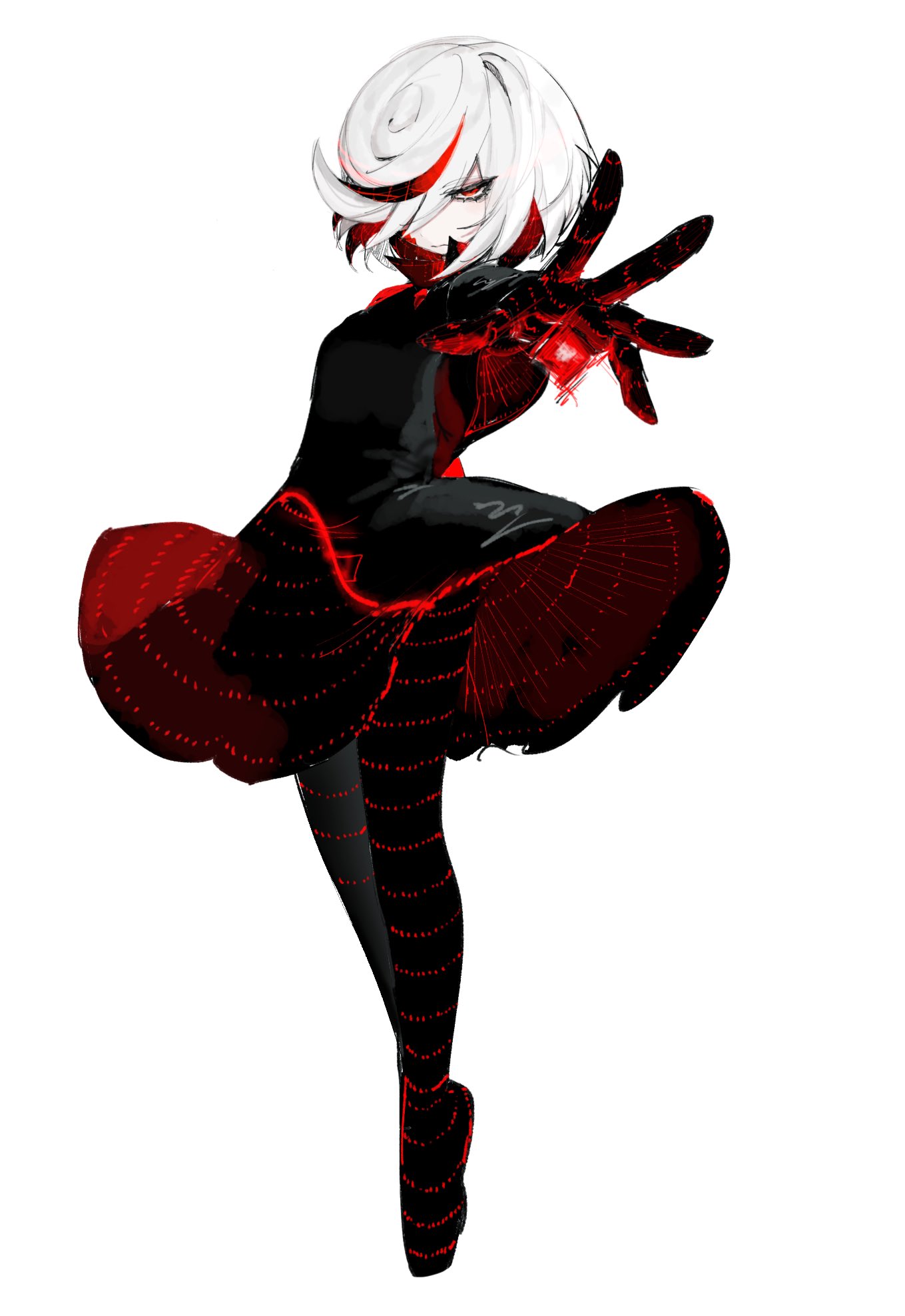 1girl, black_dress, closed_mouth, dress, full_body, gloves, hair_over_one_eye, highres
