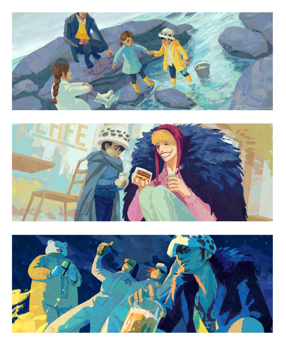 2girls, 6+boys, bear, beer_mug, bepo, black_coat, black_hair, bodysuit