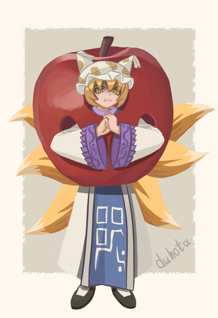 1girl, absurdres, angry, animal_ears, apple, artist_name, blonde_hair, clenched_teeth
