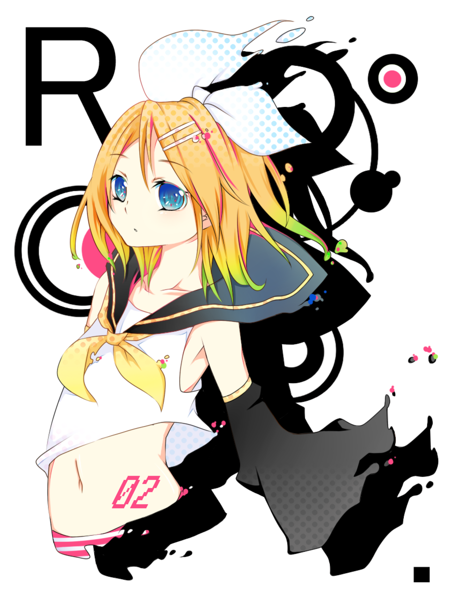 blonde_hair, blue_eyes, detached_sleeves, dissolving, hair_ornament, hair_ribbon, hairclip, kagamine_rin