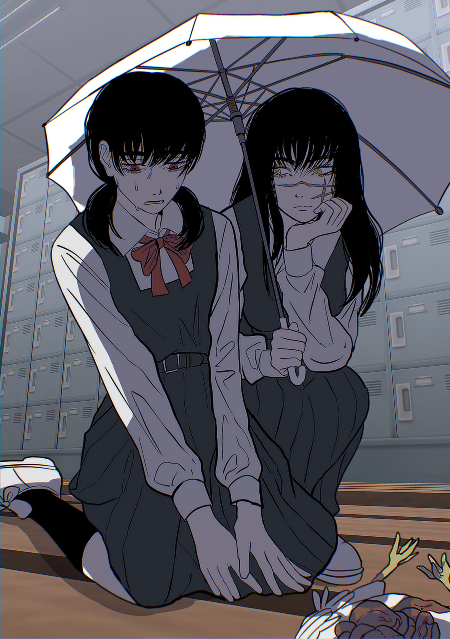 2girls, belt, black_hair, black_ribbon, brown_eyes, bucky_(chainsaw_man), cdtxufre, chainsaw_man