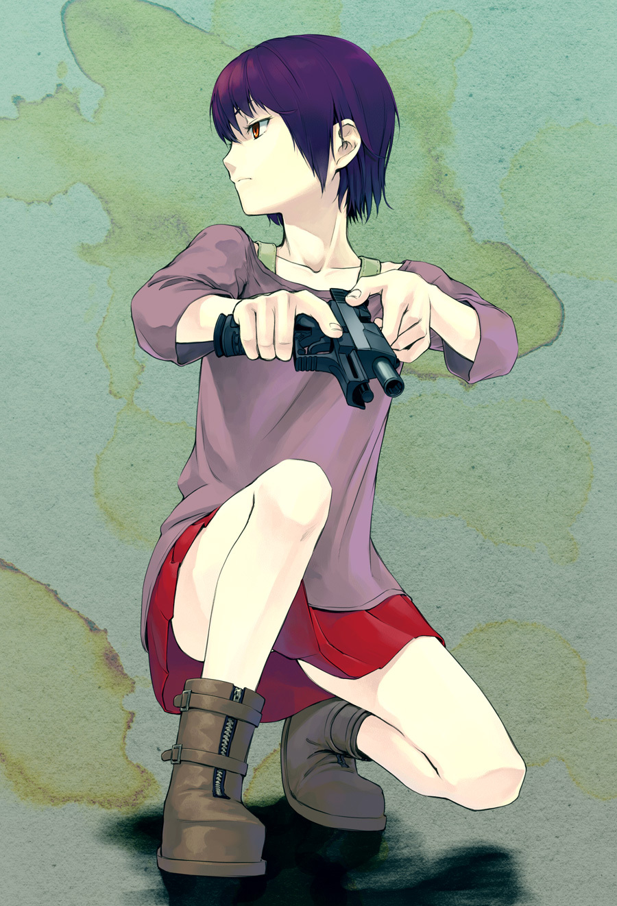 gou_(double_trigger), gun, handgun, highres, orange_eyes, pistol, purple_hair, racking_slide