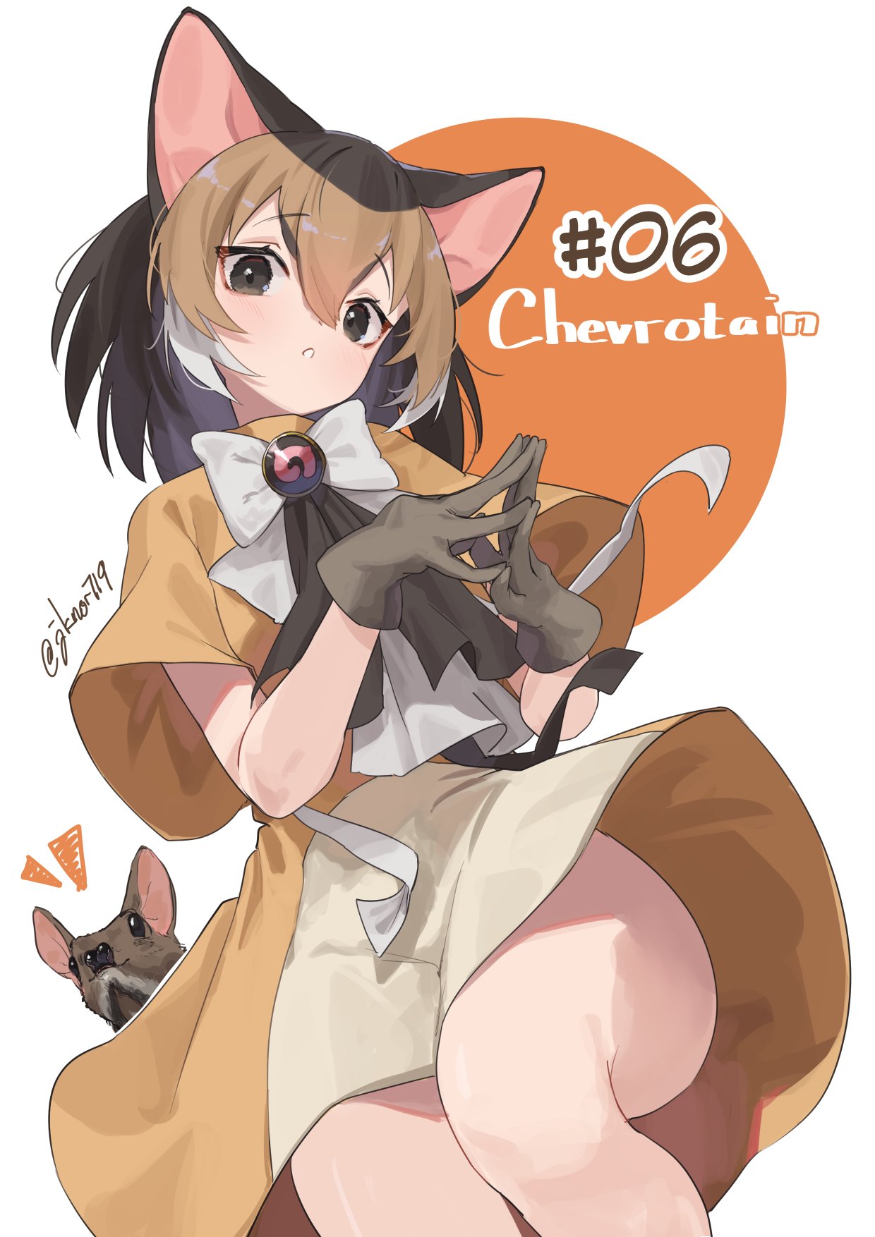 1girl, animal_ears, black_neckerchief, blush, bow, bowtie, brown_eyes, brown_gloves