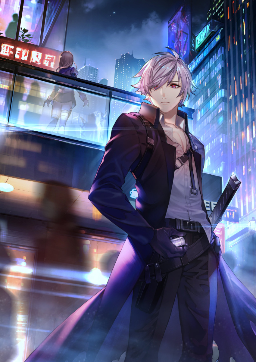 1boy, 1girl, absurdres, artist_request, becas_shannam_(iron_saga), belt, black_coat, building