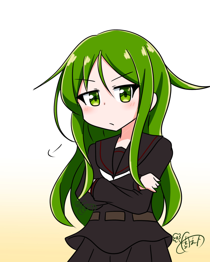 1girl, absurdres, black_sailor_collar, black_serafuku, black_shirt, black_skirt, crossed_arms, gradient_background