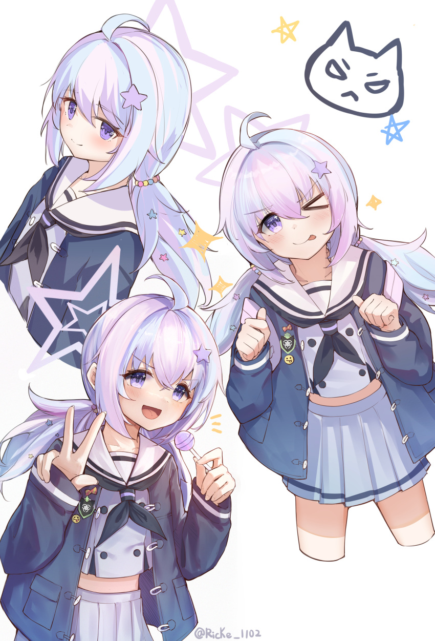 1girl, absurdres, ahoge, black_jacket, black_neckerchief, blue_archive, blush, candy