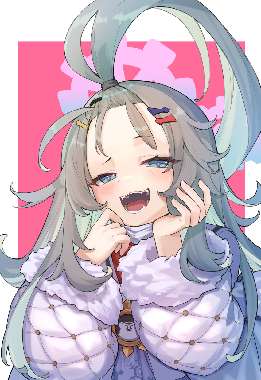 1girl, absurdres, ahoge, blue_archive, blue_eyes, blush, brown_gloves, coat