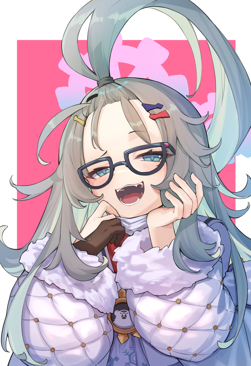 1girl, absurdres, ahoge, black-framed_eyewear, blue_archive, blue_eyes, blush, brown_gloves