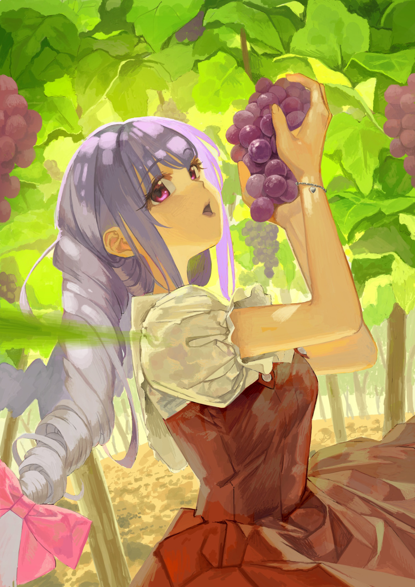 1girl, absurdres, bangle, blush, bracelet, breasts, dress, food