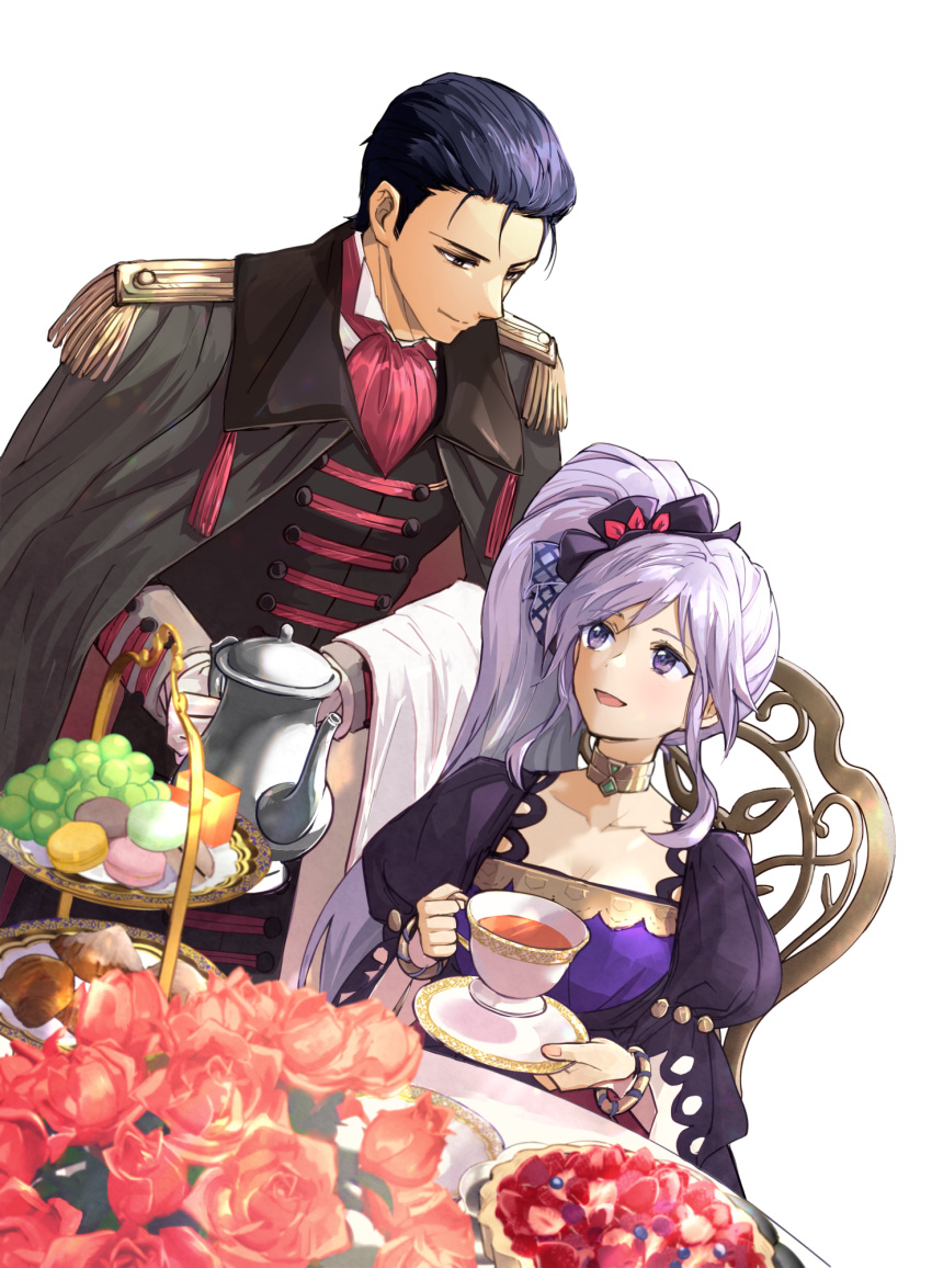 1boy, 1girl, ascot, black_hair, cape, chair, choker, commission