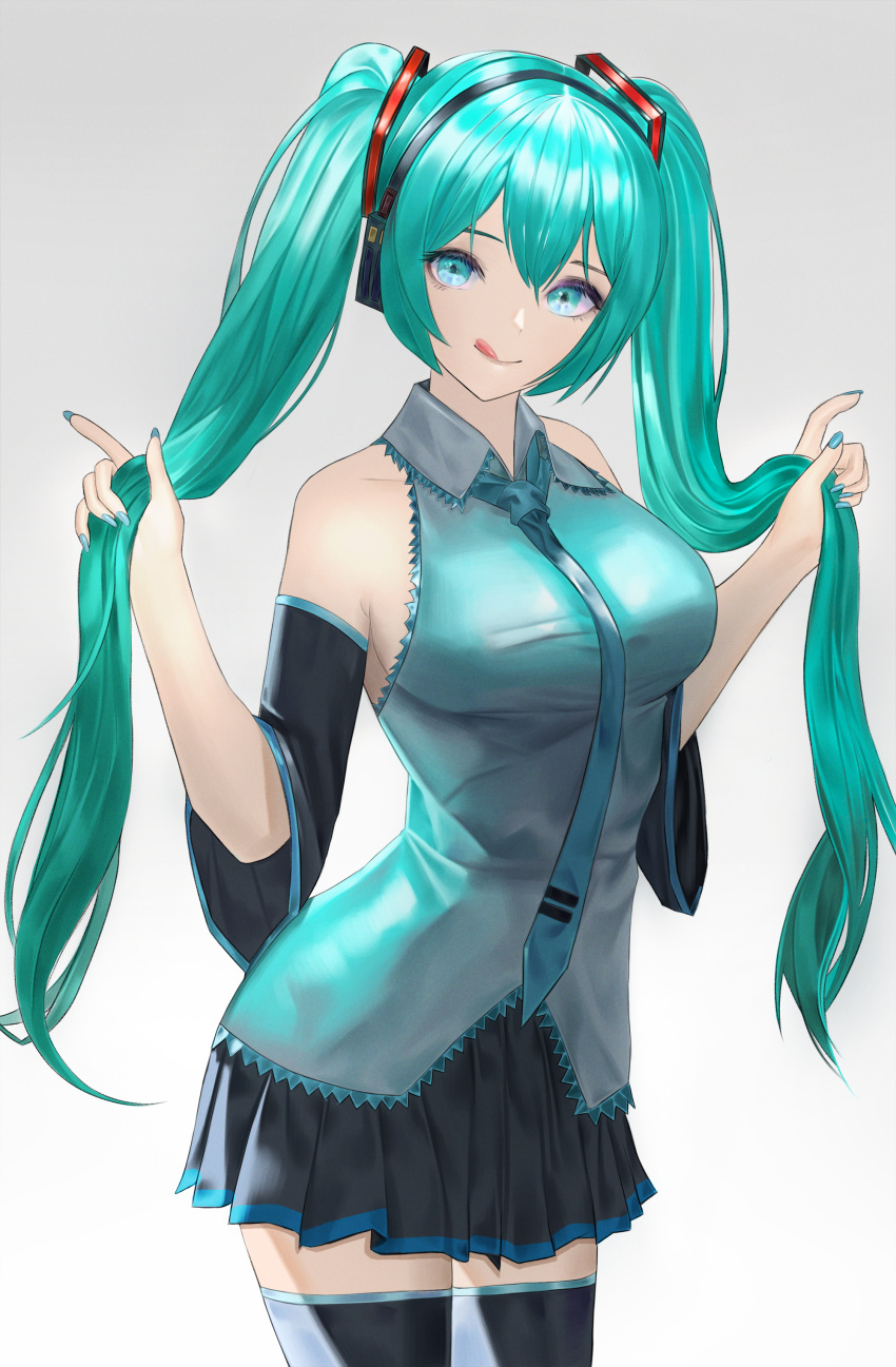 1girl, absurdres, aqua_eyes, aqua_hair, aqua_nails, aqua_necktie, aqua_shirt, black_thighhighs