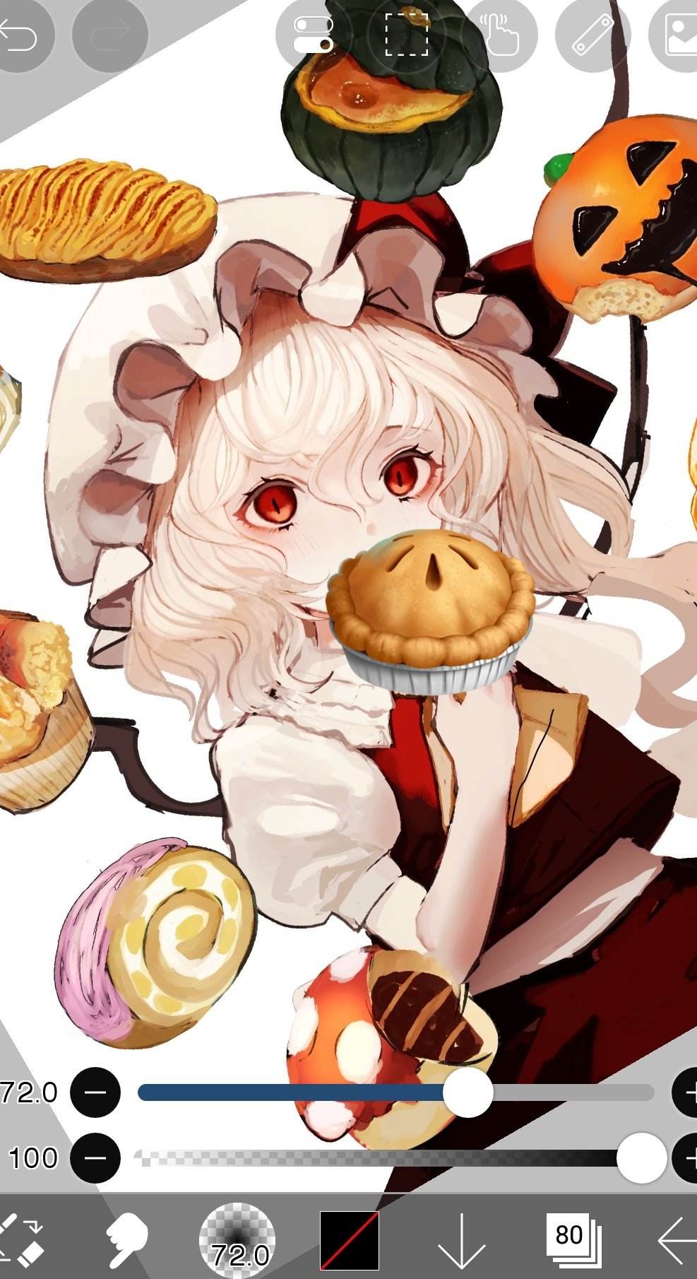 1girl, blonde_hair, cake, candy, collared_shirt, flandre_scarlet, food, frilled_hat