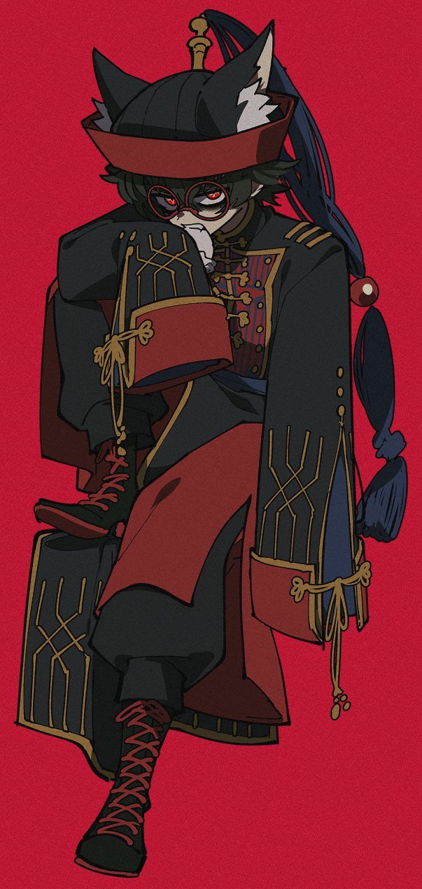 1boy, alternate_costume, animal_ears, animal_hat, baozi, black_footwear, black_headwear, black_jacket