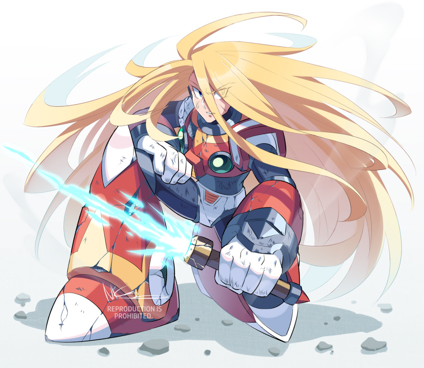 1boy, alternate_hairstyle, android, armor, black_bodysuit, blonde_hair, blue_eyes, bodysuit